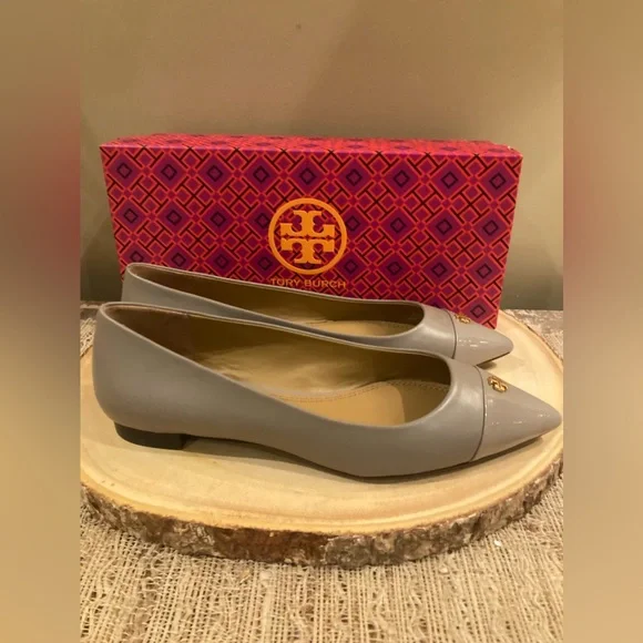 Tory Burch Everly Pointed Patent Toe Flat Shoe Leather French Grey Sz-7.5 New ￼